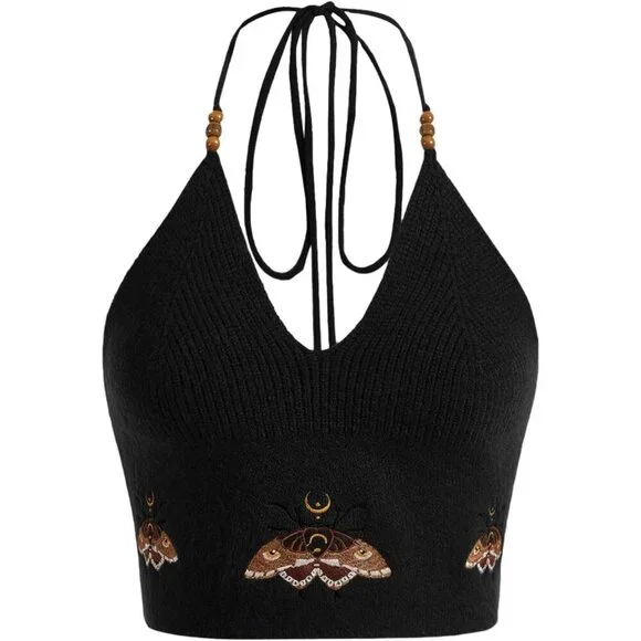 Women's Crochet Halter Top Acrylic V Neck Crop for Beach Party Night Out - Picture 1 of 5